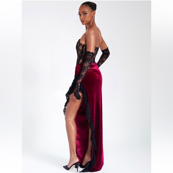Wine and Black Lace and Velvet High Slit Maxi Dress - NWT - Picture 3 of 9